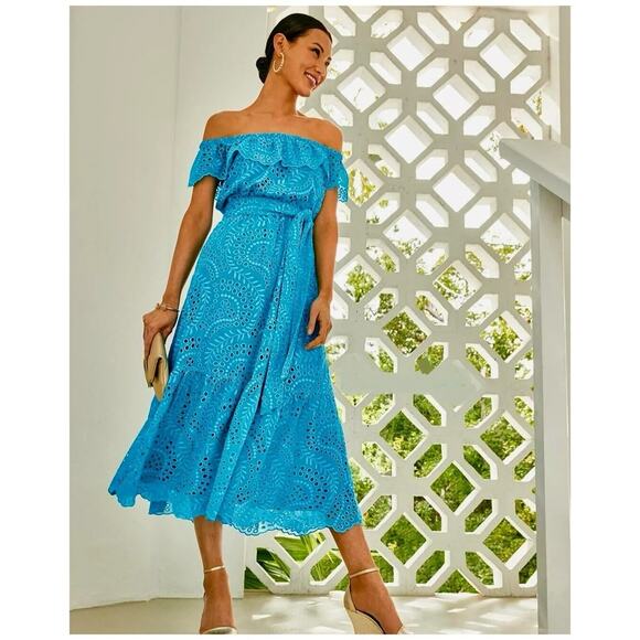 Lilly Pulitzer Geri Off-the-Shoulder Dress  Size XS – NWT – Seabreeze Blue Midi - Picture 2 of 9